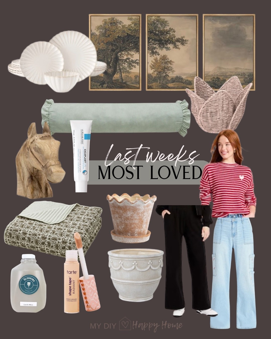 This past weeks most loved & best sellers:

Vintage landscape artwork 
Scallop dinnerware set 
Ruffle edge lumbar pillow
Horse shelf decor 
Dry chapped lip treatment 
Concealer
Planters 
Valentine sweater
Wide leg cargo jeans with embroidery detail 
Block print quilt set 
My vanity paint
Tulip style basket 


#LTKMidsize #LTKHome #LTKValentine