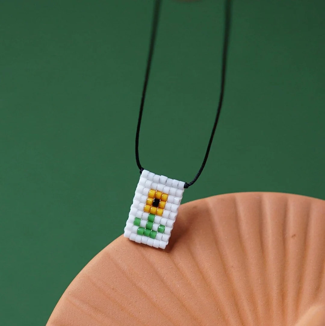 Beaded Sunflower Necklace, Dainty Sunflower Charm Necklace, Yellow Flower Pendant, Black String N... | Etsy (UK)