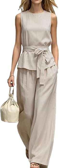 2 Piece Sets for Women Elegant Linen High Neck Top Wide Leg Pants Set Summer Formal Sleeveless To... | Amazon (US)