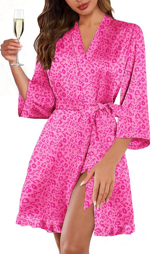 Ekouaer Women's Satin Robes Silk Kimono Bath Robe Short Ruffled Hem Bride Bridesmaid Sleepwear wi... | Amazon (US)