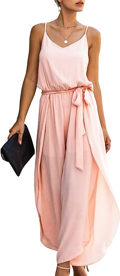 ECOWISH Womens Jumpsuit Spaghetti Strap Wide Leg Split Jumpsuits Long Overalls Summer Beach Loose... | Amazon (US)