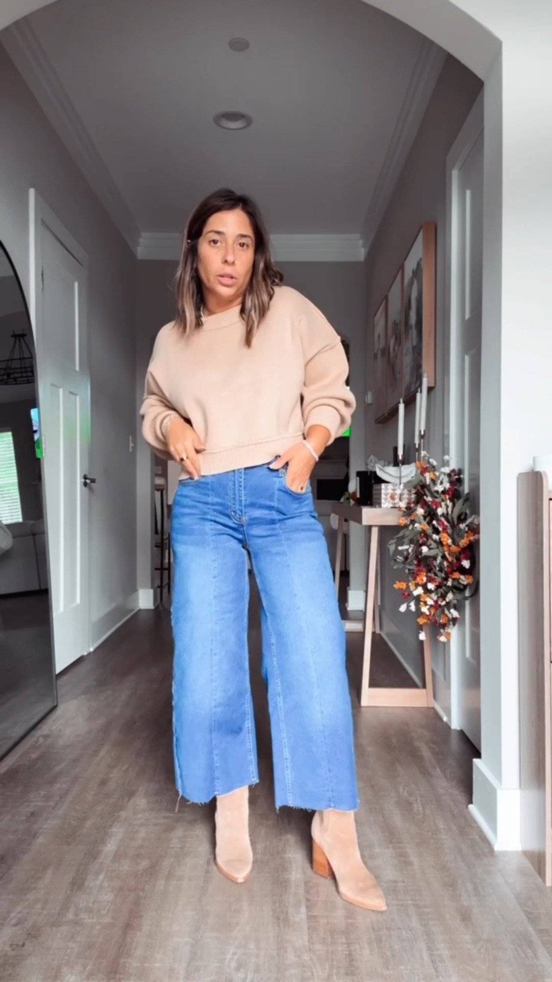 I have been getting so many requests on styling my crop jeans and this look is so freaking cute! This is seriously perfect for fall and it’s super affordable. I’m wearing a size small in the jeans and the boots fit true to size! 
Cropped sweater, cropped wide leg jeans, ankle jeans 
Casual mom outfit inspo, fall outfit inspo, casual Thanksgiving outfit inspo 

#LTKFindsUnder50 #LTKStyleTip #LTKPetite