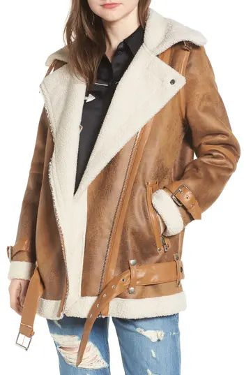 Women's Avec Les Filles Faux Shearling Biker Jacket, Size X-Small - Brown | Nordstrom