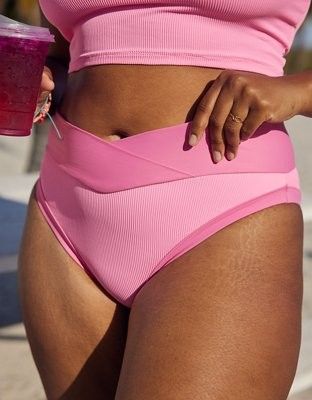 Aerie Ribbed Mix Crossover High Cut Cheeky Bikini Bottom- Aerie Swim | American Eagle Outfitters (US & CA)