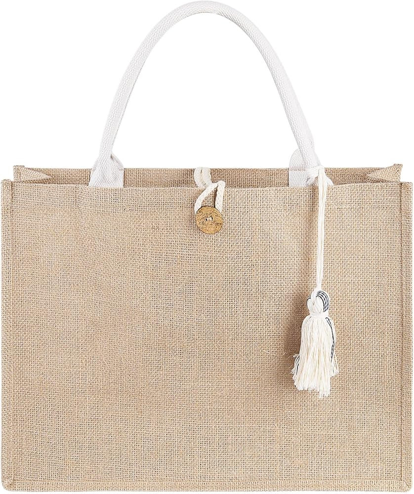 itgowisa Jute Beach Bag for Women, Burlap Beach Tote Bag with Tassel Pocket, Summer Gift for Vaca... | Amazon (US)