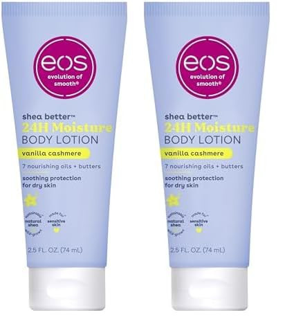 eos 24H Moisture Travel Body Lotion- Vanilla Cashmere, Travel Size Essential, Toiletries, Mini Body Lotion For Dry Skin, 2.5 fl oz (Pack of 2) | Amazon (US)
