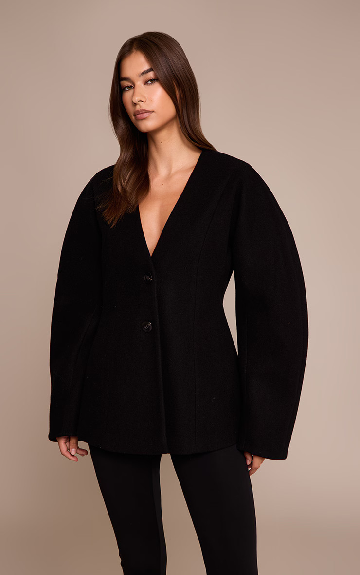 Black Wool Look Collarless Cocoon Sleeve Blazer | PrettyLittleThing US