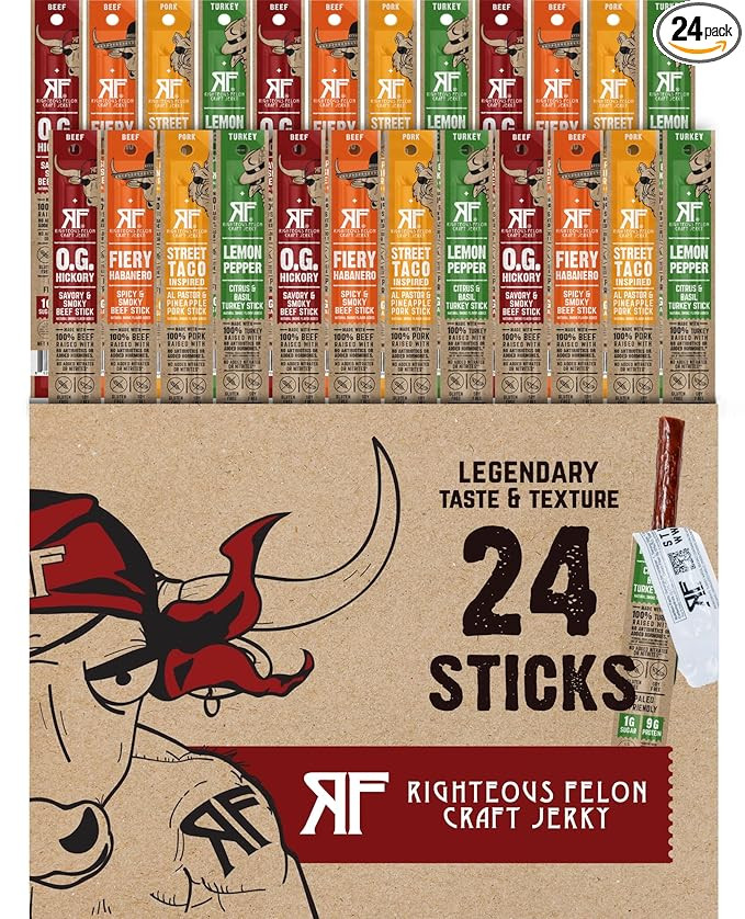 Righteous Felon Variety Meat Sticks | 100% Grass Fed Beef, Turkey & Pork | 210g Total Protein | G... | Amazon (US)