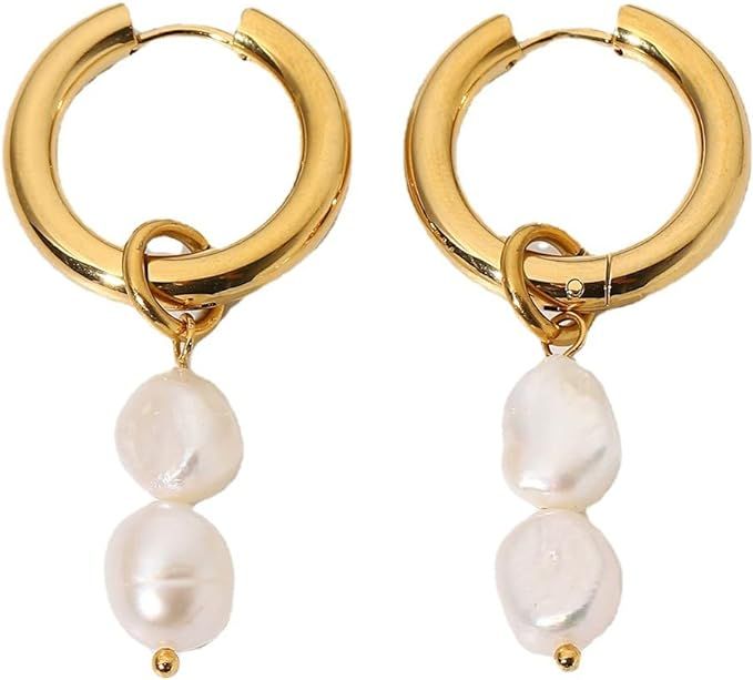 14K Gold Freshwater Pearl Drop Earrings ，Stunning Gold Hoop Earrings,- Delicate Dangle Earrings... | Amazon (US)
