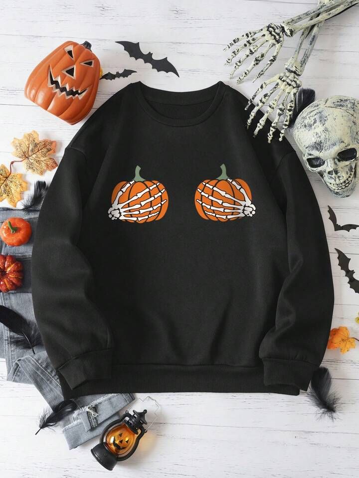 SHEIN EZwear Halloween Pumpkin Print Thermal Lined Sweatshirt | SHEIN