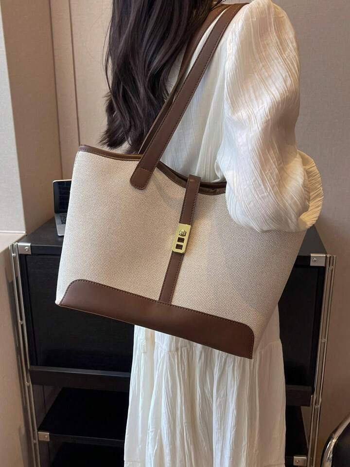 Women's Casual Canvas Splicing Zipper Shoulder Bag With Large Capacity For Everyday Use Handbags | SHEIN