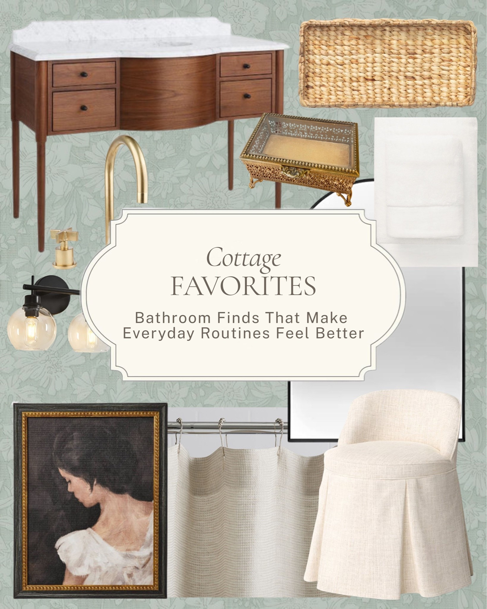 Bathroom finds that make the everyday feel a little more special. ✨

A warm wood vanity with brass hardware, unlacquered brass fixtures, and the small details, a woven tray, a glass jewelry box, framed art with just enough color, that turn a functional room into one you actually enjoy being in.

All linked here 🤍 

#LTKhome
