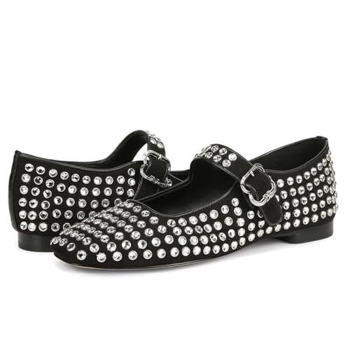 olomisa Rhinestones Ballet Flats for Women, Sparkly Mary Jane Flats Ballerina Square Toe Buckle S... | Amazon (US)