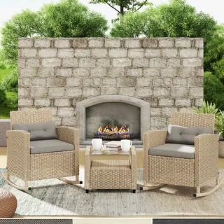 Corvus Fatih 3-piece Outdoor Wicker Rocking Chat Set with Cushions | Bed Bath & Beyond