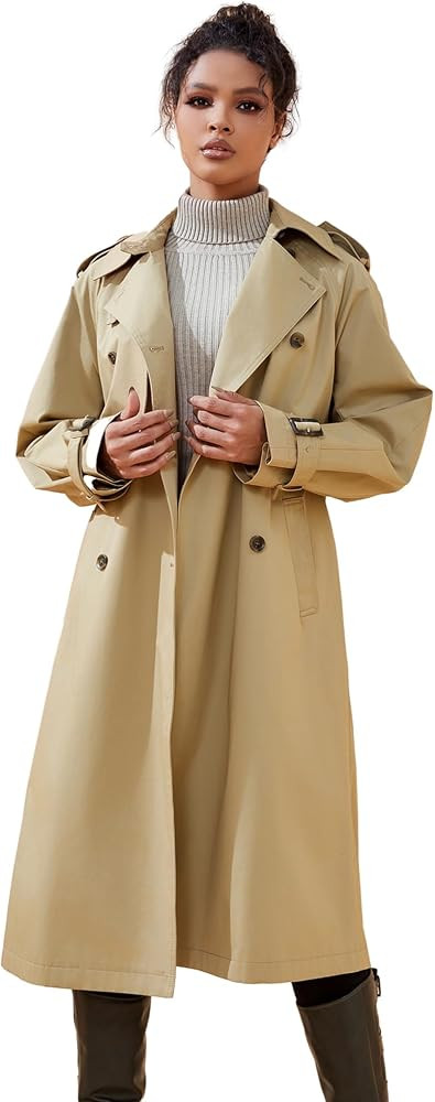 Khaki 3/4 Length Women Trench Turn Down Collar Full Sleeve Casual Women Trench Casual Loose Women... | Amazon (US)
