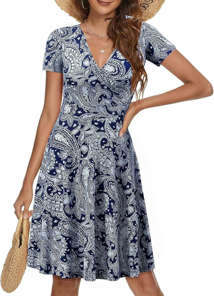 MSBASIC Women's Deep V Neck Short Sleeve Unique Cross Wrap Casual Flared Midi Dress | Amazon (US)