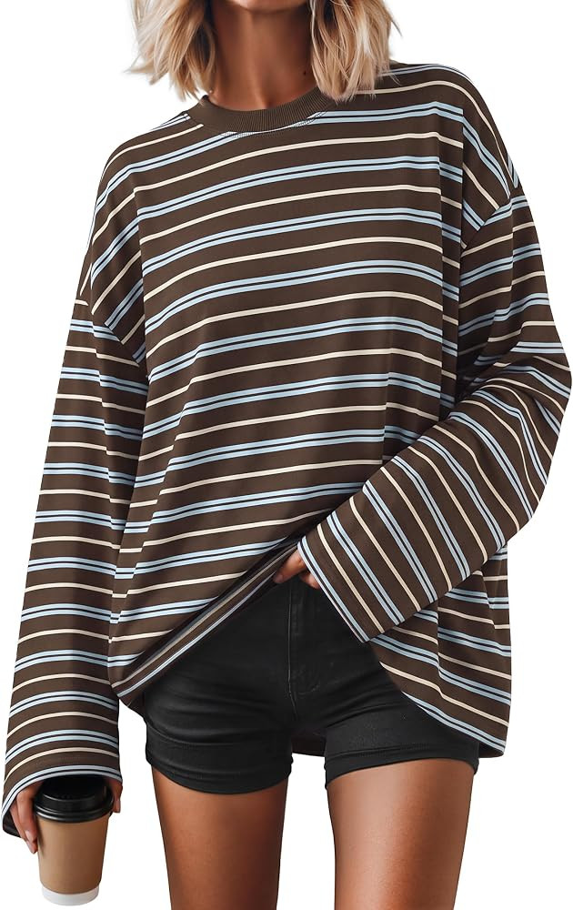 ZESICA Womens Striped Oversized Fall Long Sleeve T-Shirts Y2K Going Out Top | Amazon (US)