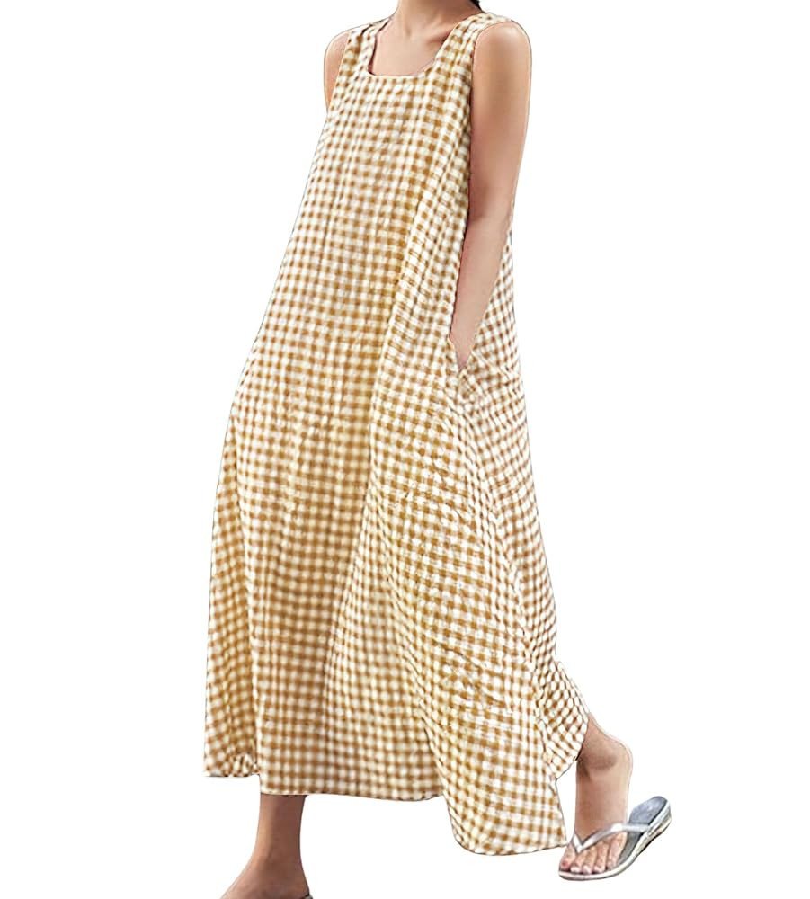 chouyatou Women's Summer Casual Loose-Fit Cotton Plaid Tank Maxi Dress with Pockets Boho Beach Su... | Amazon (US)