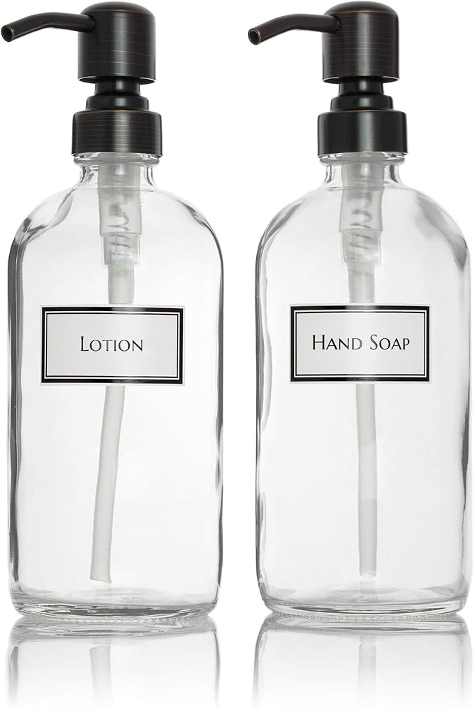 Ceramic Printed Glass Hand Soap and Lotion Dispenser Set with Oil Rubbed Bronze Pumps, 16 oz, Cle... | Amazon (US)