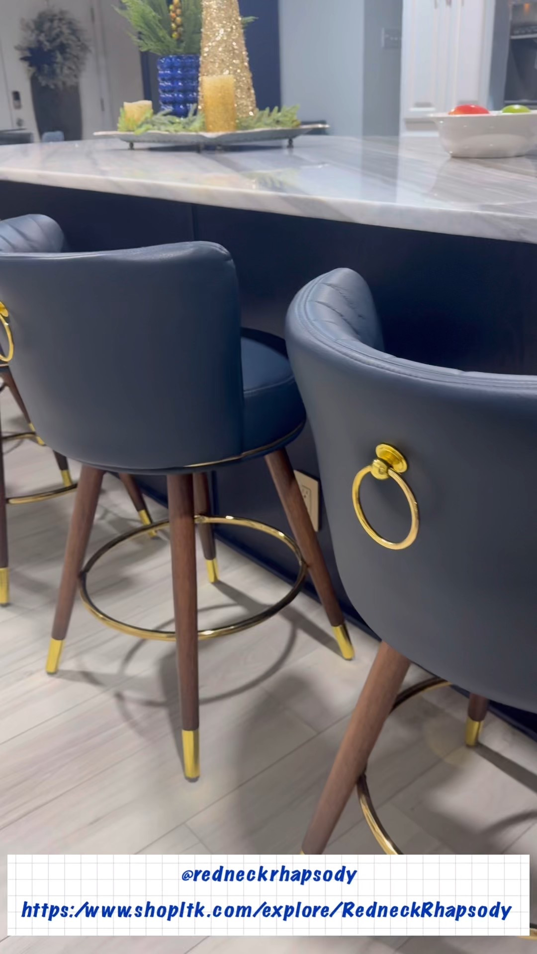 When we started looking for navy bar stools we needed 8. These were the perfect height and came 4 in a package. 

The gold accents on the legs and ring on the back was just icing on the cake! It was like these were made for us! The swivel took it to a new level  

#LTKHome