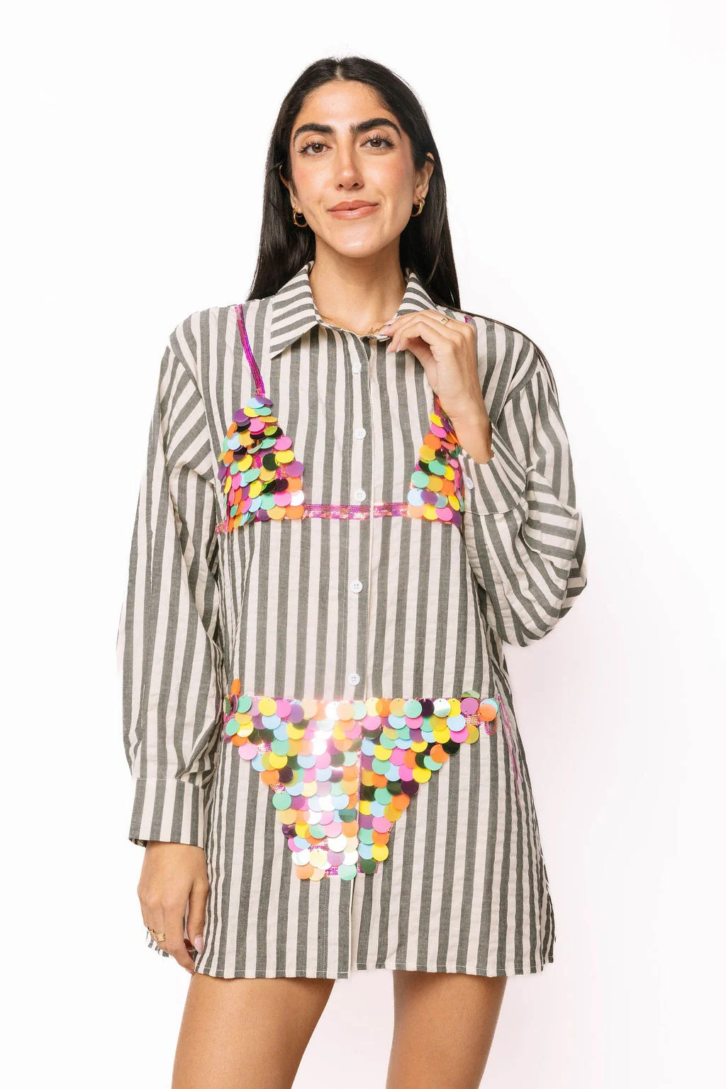 Black Striped Multi Paillette Bikini Tunic | Queen of Sparkles