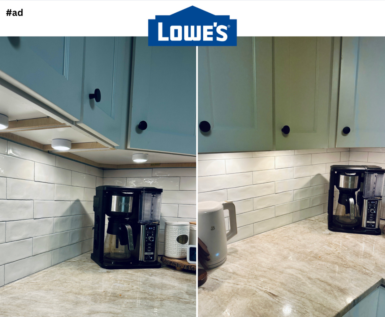 #ad I snagged these little LED puck lights from Lowe’s and put them under my kitchen cabinets… and I’m obsessed 😍 They’re battery powered, come in a 6-pack, and even have a remote so I don’t have to mess with switches. Perfect for those midnight snack runs—you get just enough light to see without blinding yourself with the overheads (been there way too many times 😂). Lowe’s has so many good lighting options no matter what you need and where you need it!
@loweshomeimprovement  #lowespartner 
 

 