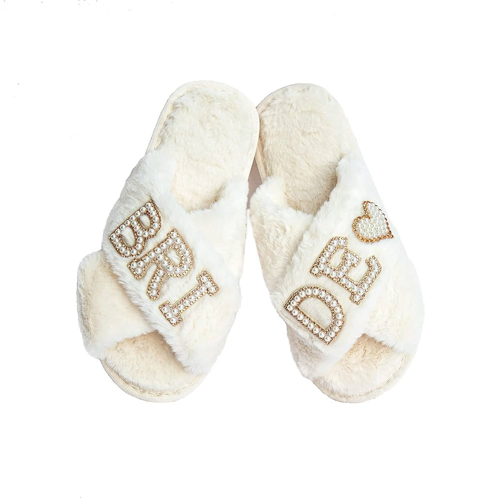 Fluffy Slippers with Pearls for Bride (42-43, Grey) | Amazon (US)