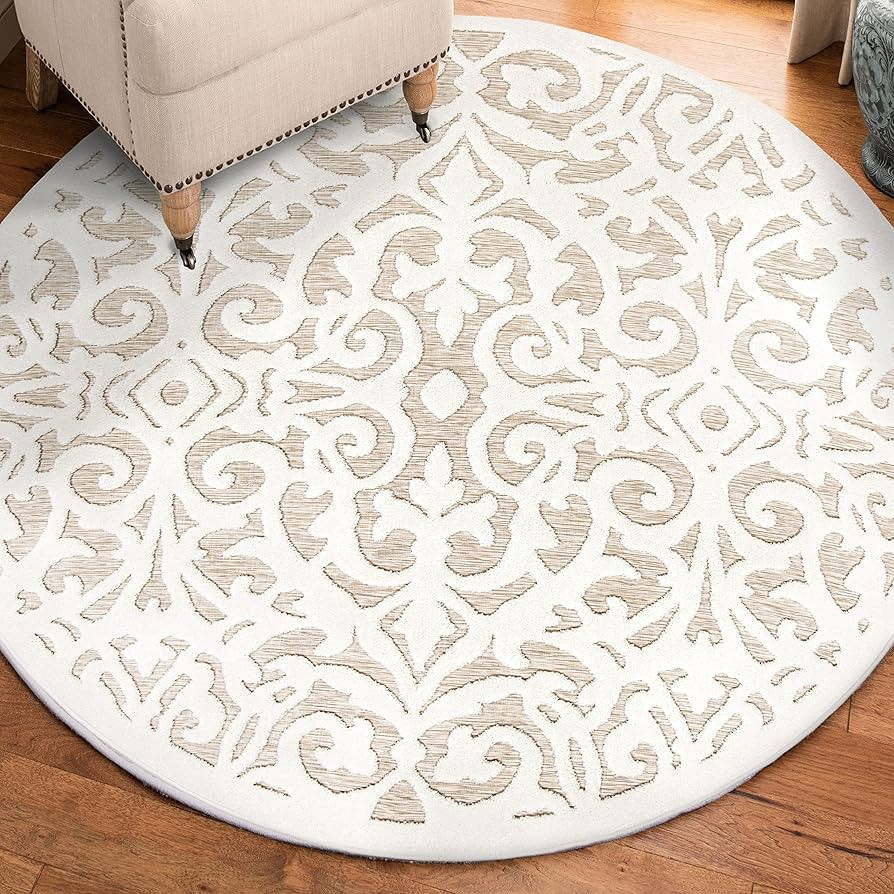 My Texas House Lady Bird Outdoor Rug - 6'5" Round in Natural Driftwood, High-Low Floral Design, O... | Amazon (US)