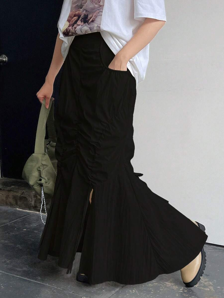 FRIFUL Women's Casual Solid Color Ruched Slit Skirt, Spring Autumn | SHEIN