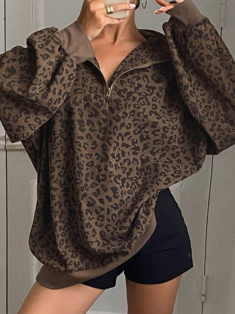 Livesso Women Casual Zip Up Front Long Sleeve Leopard Print Sweatshirt,Fall Clothes | SHEIN