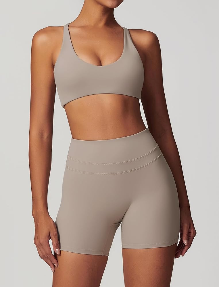 ABOCIW Workout Sets for Women 2 Piece V Neck Twist Back Sports Bra High Waist Biker Shorts Yoga O... | Amazon (US)