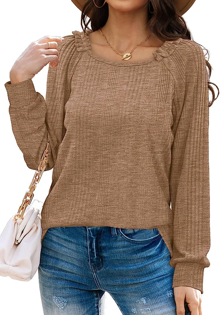 WIHOLL Womens Sweaters Lightweight Raglan Sleeve Ribbed Pullover Ruffle Smocked Tunic Tops | Amazon (US)