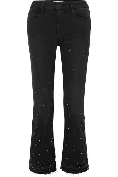 FRAME - Le Crop Mini Embellished Frayed Mid-rise Bootcut Jeans - Black | NET-A-PORTER (UK & EU)