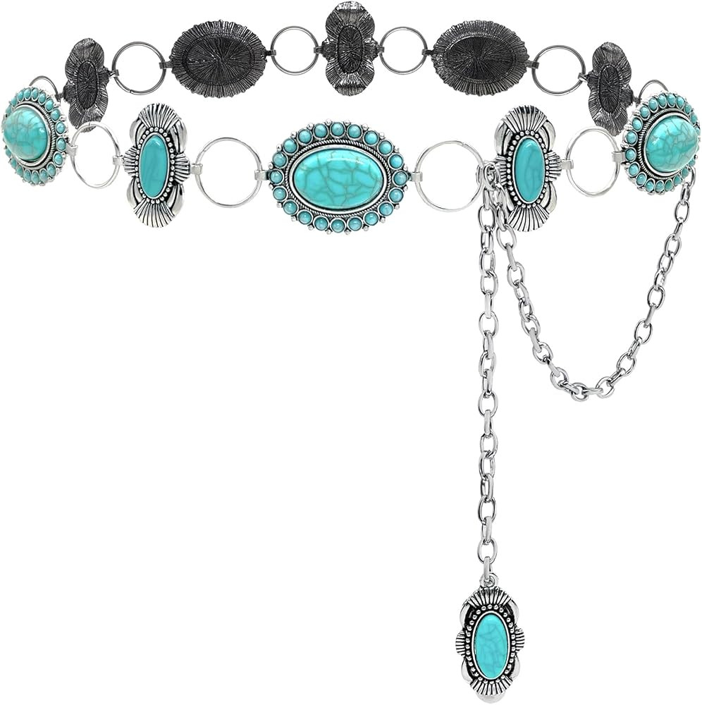 Turquoise Belt Silver Western Chain Belt, Cowgirl Concho Style with Turquoises Embellishment for ... | Amazon (US)