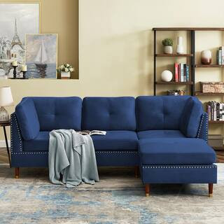 Seafuloy 88.58 in. Wide Velvet wood Sectional Straight 4-Seats Sofa with Removable Ottoman in Blu... | The Home Depot