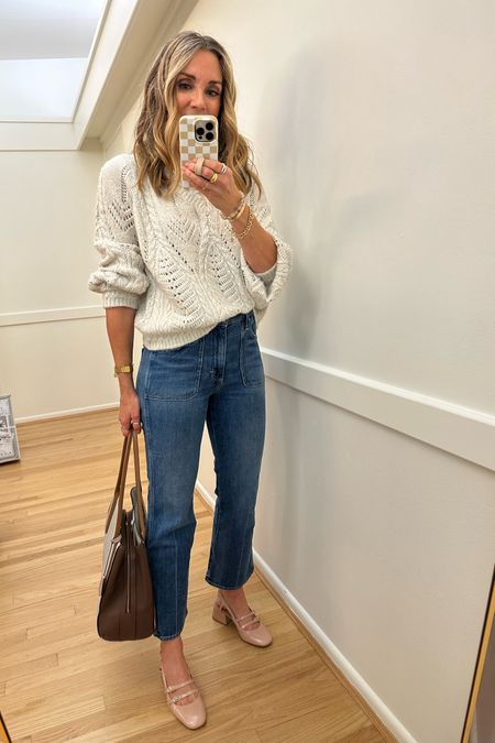 Weekend going out ootd! Kohls white sweater, Amo jeans, Sezane Paula babies, Radley London bag, Anthropologie faux leather bomber, fall style 2023, workwear, office outfit 

#LTKfindsunder50 #LTKstyletip #LTKover40