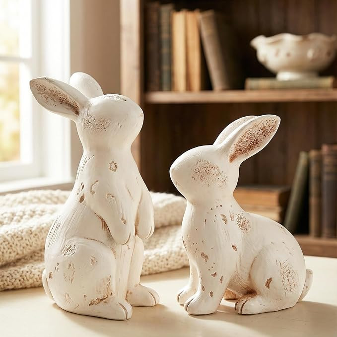 Vintage Easter Bunny Decor, Set of 2 Distressed White Resin Rabbit Figurines - Rustic Farmhouse S... | Amazon (US)