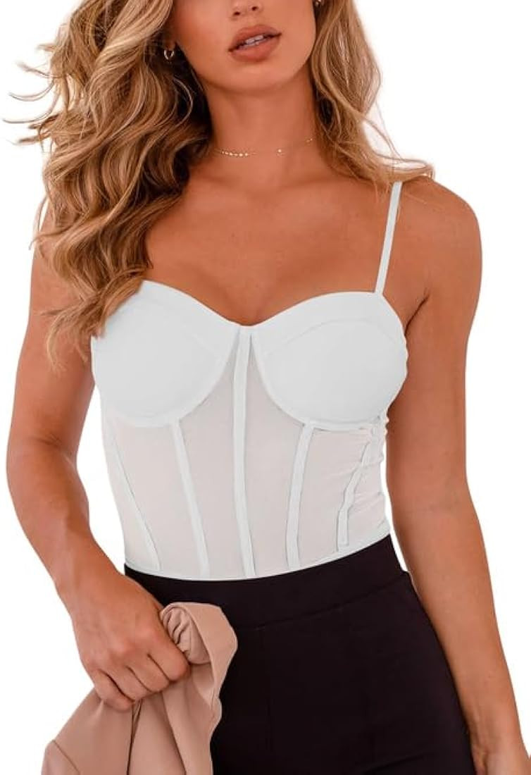REORIA Women's Trendy Sexy Mesh Sheer Spaghetti Strap Going Out Slimming Bustier Corset Bodysuit ... | Amazon (US)