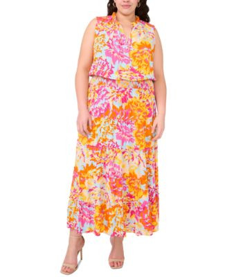 MSK Plus Size Split-Neck Sleeveless Tiered Challis Maxi Dress - Macy's | Macy's