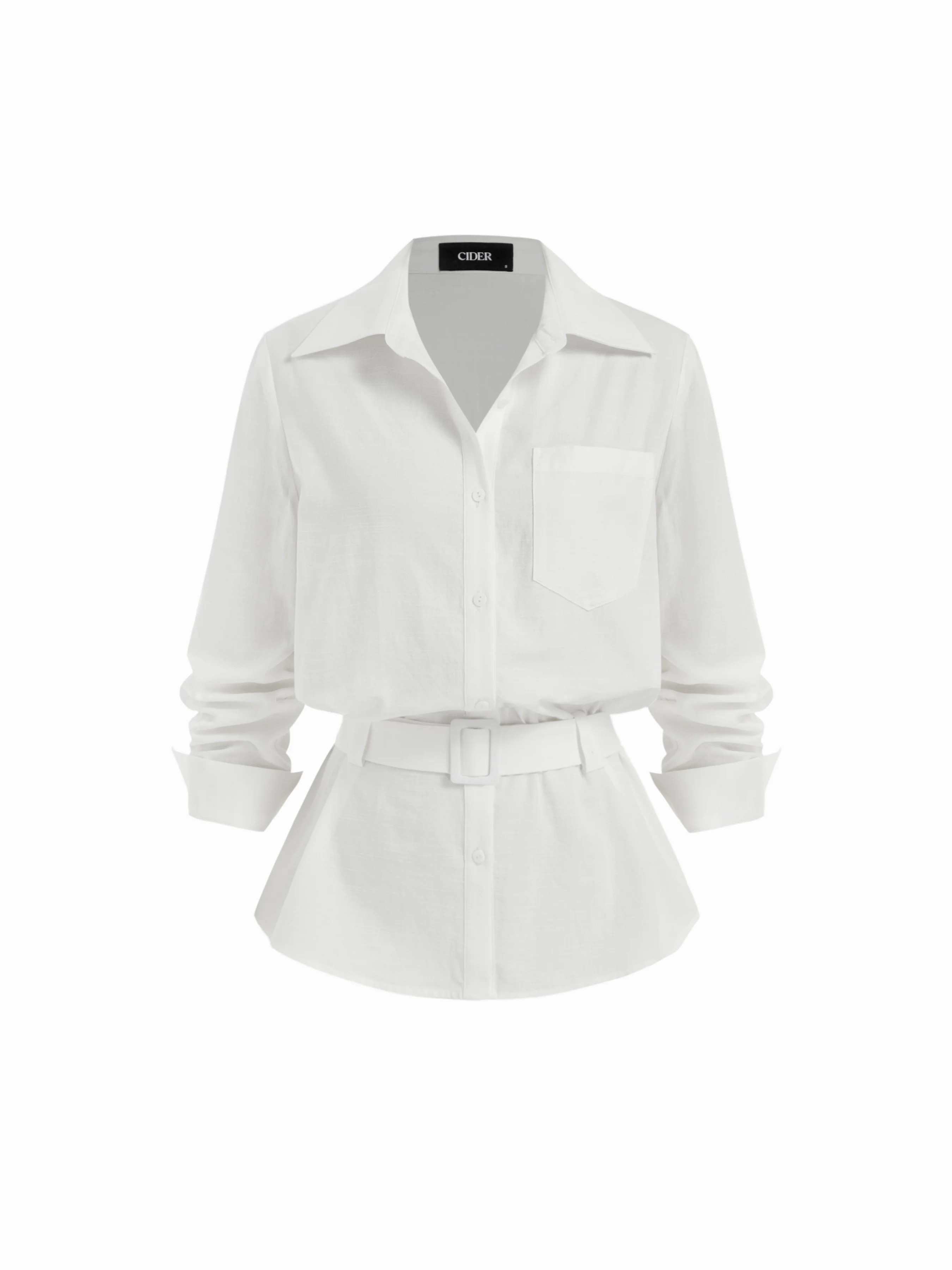 Linen-blend Linen-blend Longline Long Sleeve Shirt with Belt For Daily Casual Work | Cider