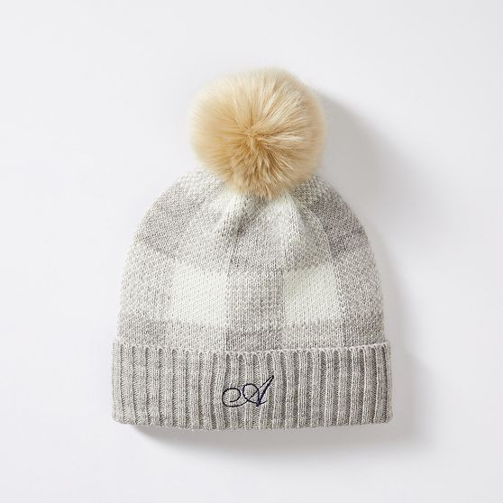 Gingham Pom Pom Hat, Adult, Light Grey-Ivory | Mark and Graham