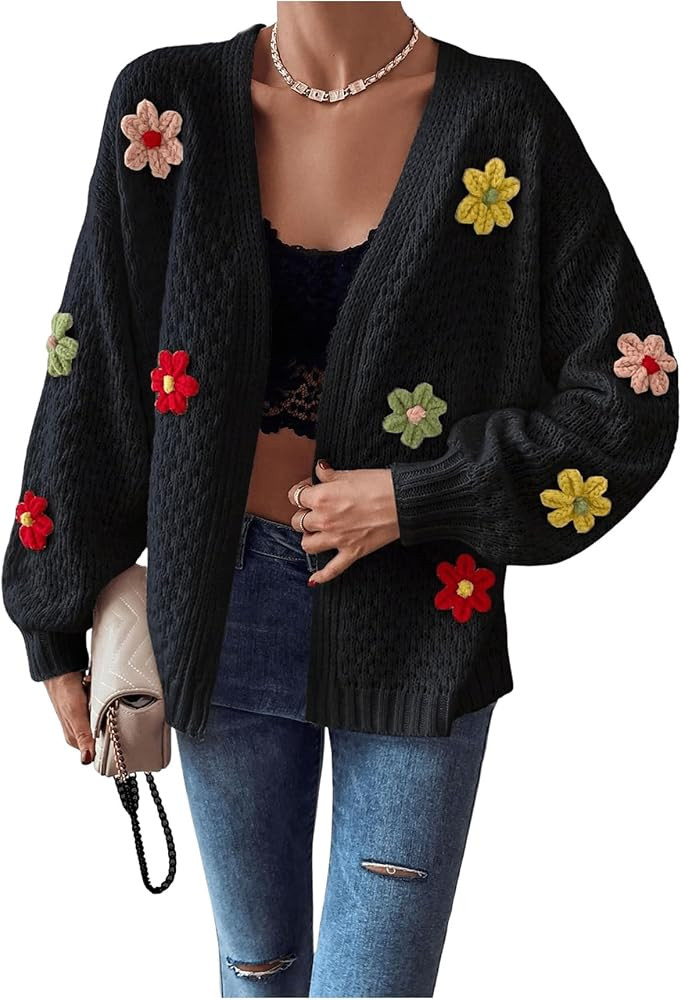 SHENHE Women's Floral Button Front Cardigan 3D Flower Decoration Knit Sweater | Amazon (US)