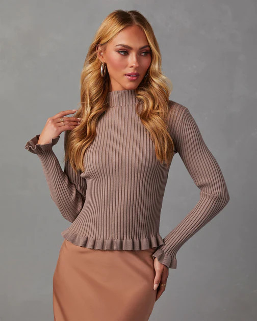 Bevelle Mock Neck Ruffle Hem Sweater - Mocha | VICI