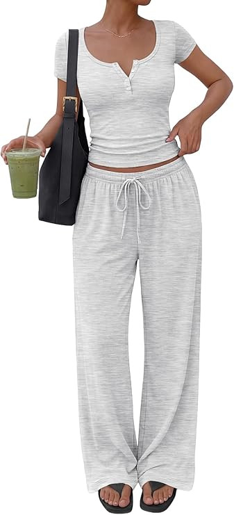 Trendy Queen Women's 2 Piece Matching Lounge Sets Summer Henley Neck Slightly Crop Top Wide Leg P... | Amazon (US)