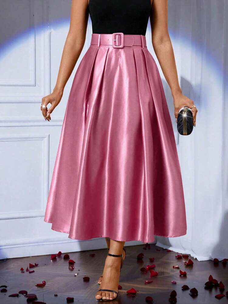 SHEIN Lady Women's Elegant Solid Color Pleated A-Line Skirt, Suitable For Commuting | SHEIN