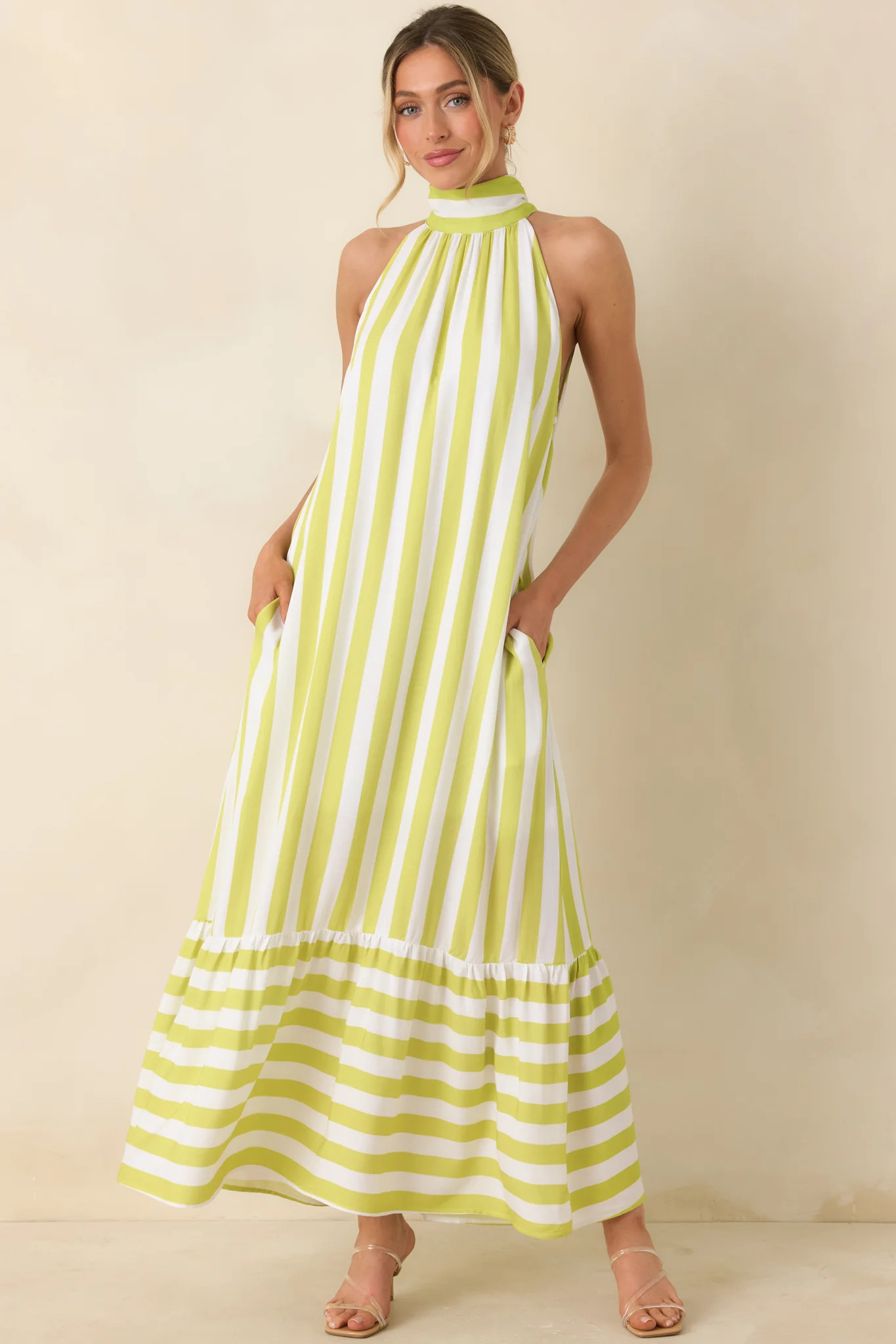 Make Your Move Chartreuse Green & White Stripe Halter Maxi Dress | Red Dress