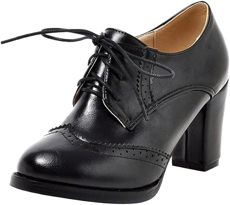 Dear Time Block Heels Wingtip Oxfords Vintage PU Leather Brogue Shoes Woman | Amazon (US)