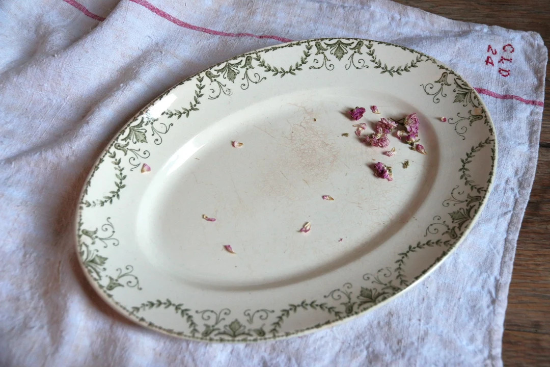 Antique French Green Transferware Tea Stained Oval Platter. Art Nouveau Pattern. Shabby French Co... | Etsy (US)