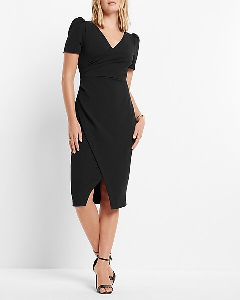 V-Neck Puff Sleeve Faux Wrap Sheath Midi Dress | Express