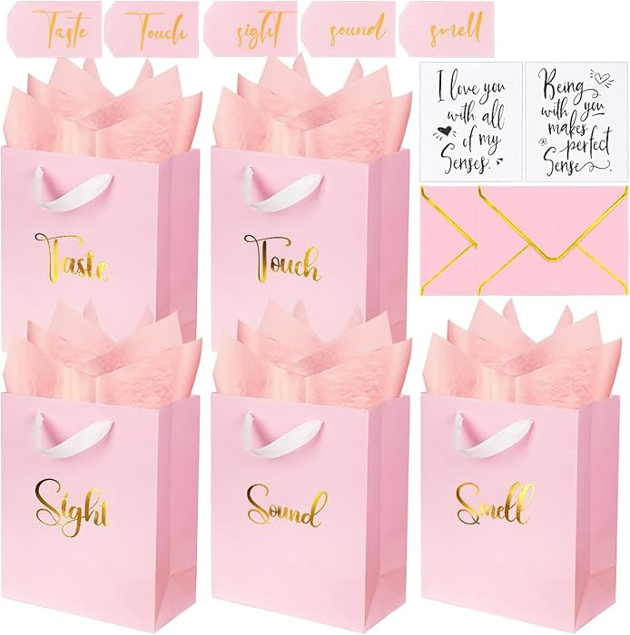 Gold Foil 5 Senses Gift Bags for Him with Labels Envelopes and Cards, Sight Smell Touch Taste Sou... | Amazon (US)
